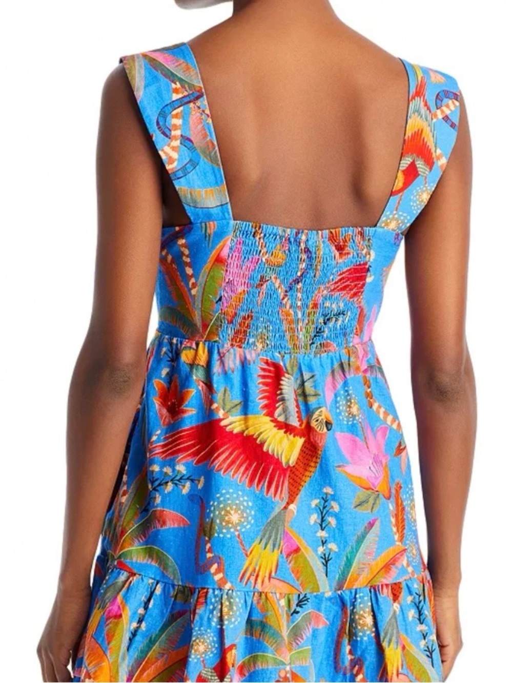 Farm Rio Macaw Blue Tiered Linen Blend Mini Dress XS - Picture 6 of 14